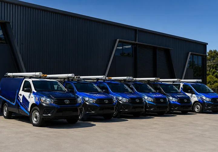 Our plumbing vans lined up before a Narrabeen shift