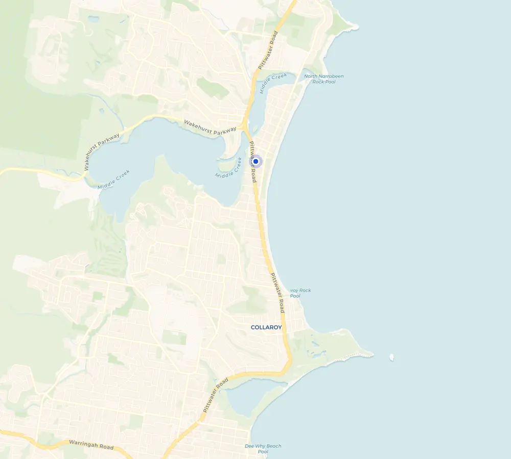 Map of the Narrabeen service area and the surrounding Northern Beaches, showing Narrabeen and the nearby streets we cover.